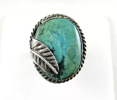 FEATHER & GREEN Lace AGATE Stone RING Alpaca Silver BIG BOLD Oval Size 6.5 • $29.59