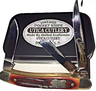 Vintage Utica Cutlery  MATHEWS ADVERTISING 3-Blade Medium Stockman Jigged Delrin • $40.05