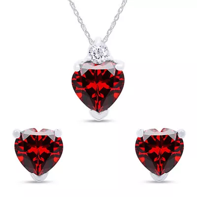 Simulated Garnet Lovely Heart Pendant & Stud Earrings Set Sterling Silver 925 • $36.39