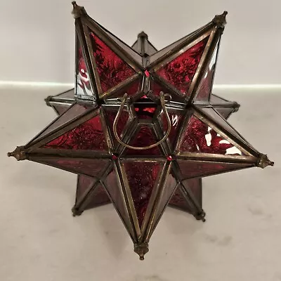 Moravian Star Candle Lantern Tealight Hanging 12 Pt Red Textured Glass Metal VTG • $65.99