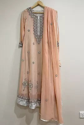 Pakistani Designer Party Dress 3piece SizeM Ready To Wear Beautiful Peachy Silve • $150