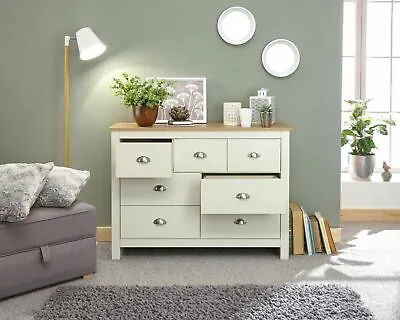 £167.99 • Buy Chest Of Drawers Cream Oak 7 Drawer Merchant Sideboard Two Tone Wooden Furniture