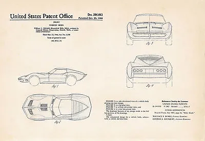 1966 Gifts For Corvette Lovers Car Artwork Mitchell Drawings Patent Art Prints • $21.95