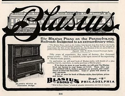 1904 D Blasius Piano Pennsylvania Railroad Style 16   Print Ad • $12.99