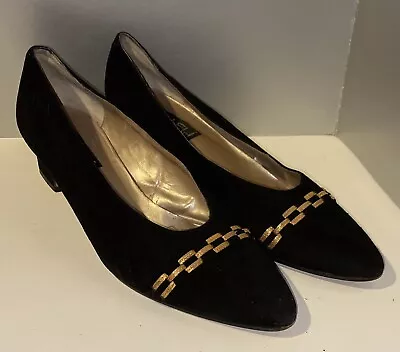 VAN ELI Black Suede Pumps Stitched Gold Chain Detail Sz 10 Made In Italy Vaneli • $29.59