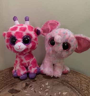 Lot Of 2 Ty Beanie Boos - Ellie The Elephant + Twigs Giraffe Plush Toys 15cm • $19.95