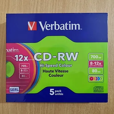 £8.99 • Buy Verbatim 12x CD RW Hi Speed Colour 700mb 80 Min 8-12x Speed 5 Pack New & Sealed