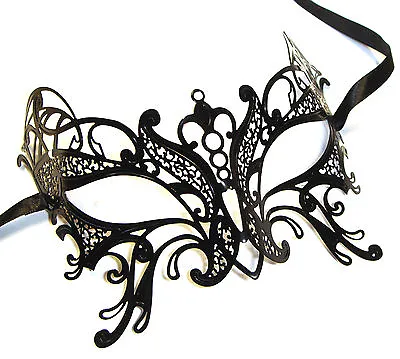 Black Venetian Filigree Masquerade Mask Metal Masked Ball Bat Butterfly Party • £10.99