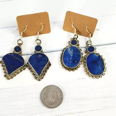 Pair Rustic Lapis Lazuli Silver Tone Earrings • $5.99