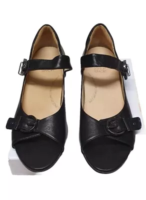 Ziera Black Leather Sandals SZ 38 XW. Riptape Strap . Removable Footbed • $52