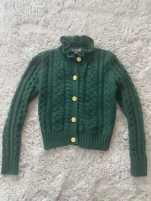 Womens Small J. Crew Green Cable Knit Ruffleneck Cardigan Sweater Wool Blend • $39