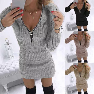 $8.99 • Buy Womens V-Neck Zip Long Sleeve Dress Ladies Autumn Casual Bodycon Mini Dresses US
