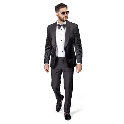 Black Shawl Lapel VELVET Jacket Slim Fit Tuxedo Black Pants 1Button  BY AZAR MAN • $149