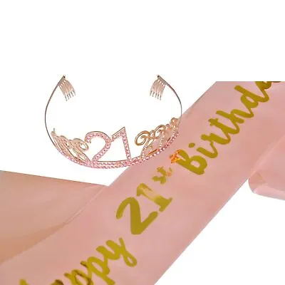 BIRTHDAY 21st  TIARA  AND SASH ROSE GOLD RHINESTONE CROWN  • £6.99