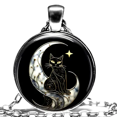 Limited Design Black Cat Moon Art  Pendant On 925 Sterling Silver 24  Necklace • $17.77
