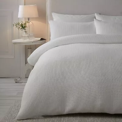 Duvet Cover Bedding Set Lindly Washed Effect Waffle Weave Textured Serene White • £18.89