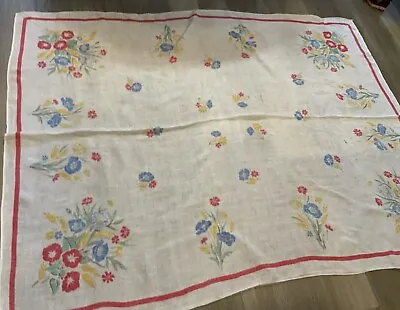 Vintage Antique Rectangle Tablecloth Cotton Printed Flower Design White As Is • $14