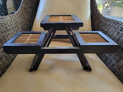 VTG Wooden & Wicker Shelf Boho Decor 3 Tiered Accent Table Shelf Folding • $50