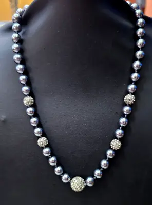 Vintage Monet Grey Faux Pearl Rhinestone Ball Beaded Necklace  18  • $5.75
