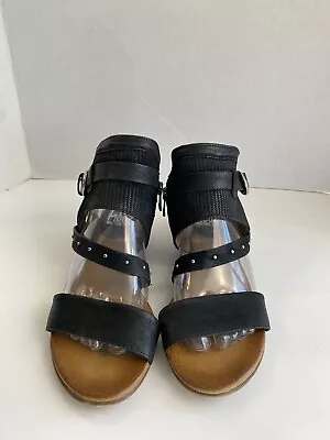 Miz Mooz New York Farley Sandals 39/8.5 Black Leather Low Wedge Strappy Studded • $40