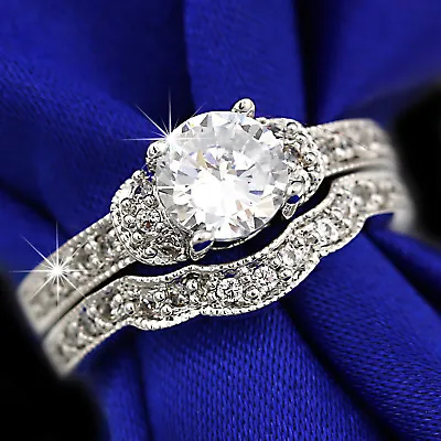 9k White Gold Gf Luxury 1ct Lab Diamond Vintage Wedding Engagement Lady Ring Set • $18.99