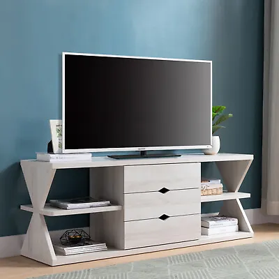 White Oak Whimsical Leg Design TV Stand With 4 Shelves And 3 Drawers • $272.35