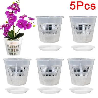 5Pcs Clear Orchid Pot Garden Holes+ Saucers Root Control Breathable Plant Pot • £7.99