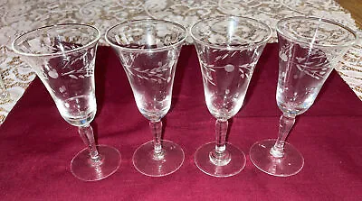 $8 • Buy (4) 1945 Etched Crystal Sherry ? Glasses Willow Moon Cut Dot Swag Pioneer Japan