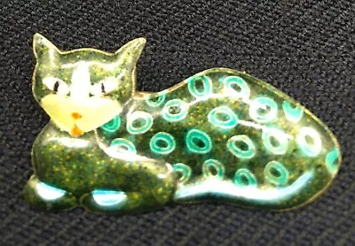 Cat Reclining 2” Vintage Silver Brooch Blue On Black Pin Back • $18