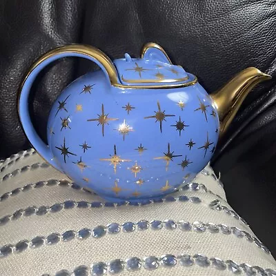 Vintage 1950s Hall Periwinkle Blue And Gold Atomic Starburst 6cup Teapot No... • $160