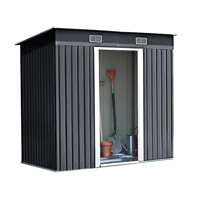 4x6ft Dark Grey Garden Shed Pent Roof Metal Shed Outdoor Small House +Free Base • £185.99