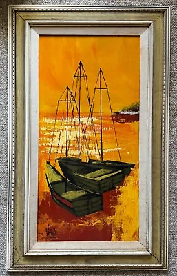 Vintage 70s Nautical Boats Oil Painting Vanguard Modern Art Wall Hanging Vivian • $295