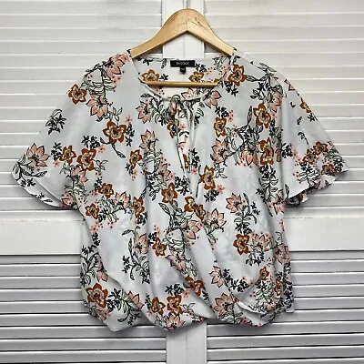 Basque Top Womens 14 Petites White Floral Short Sleeve Draped Front • $19.95