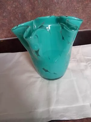 Vintage Green  Art Glass Mid Century Handkerchief Decorative Vase 17 Cm Vgc • £10