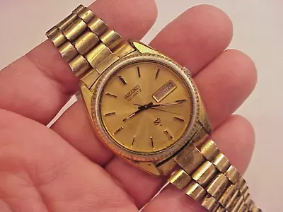 Mens Vintage Seiko Day Date Gold Tone Watch # 7123-8059 Runs Good But Poor Case • $20