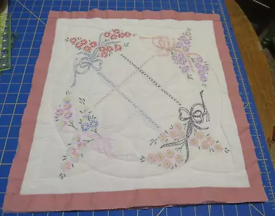 VTG Hand Embroidered Quilt Block  19  X 18   Flowers & Ribbons Med Mauve Back • $14.99