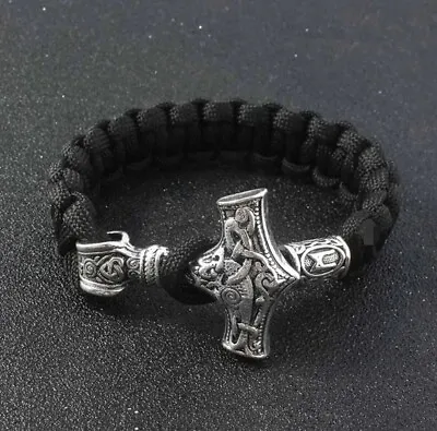 Viking Norse Mjolnir Hammer Rope Bracelet In Black **uk Seller** Present Gift • £4.79