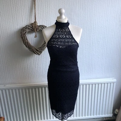 £26 • Buy Women’s Lipsy UK 10 Halter Neck Dress Navy Blue Lace Knee Length Body Con Lined