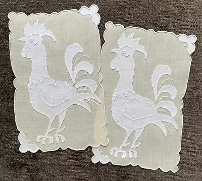 Vintage Cocktail Napkins Madeira Embroidered Large Rooster Appliqued  Set Of 6 • $135