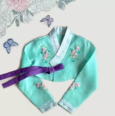 Korean Traditional Costume Hanbok Mint Colored Jeogory Top Flower Embroidery • $69.90