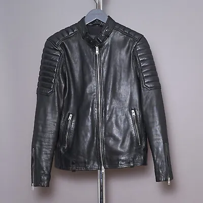 ALL SAINTS Mens MARCON Leather Jacket SMALL Black Biker Bomber Celebrity Moto S • £249.99