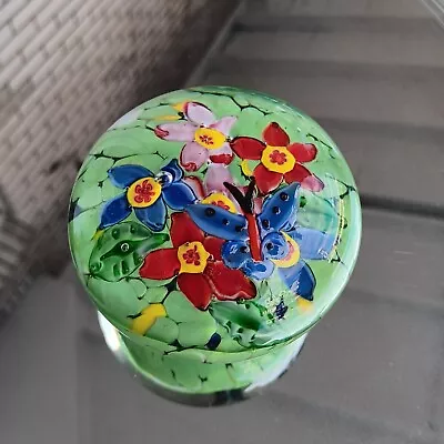 Art Glass Floral Garden Butterfly Bubble Paperweight Domed Green Daisy Murano • $29