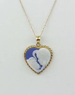 14k Yellow Gold Mother And Child Blue And White Heart Cameo Pendant Necklace • $219