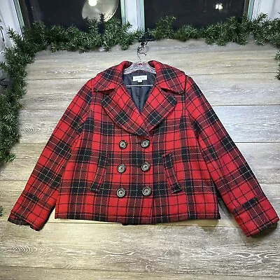 Merona Pea Coat Size Large Women’s Red Plaid Wool Jacket Buttons Lined Tweed • $29.99