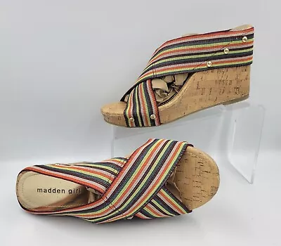 Madden Girl Wedge Sandals Nautic Striped Elastic X-Cross Faux Cork Wm's Size 9 • $17.99