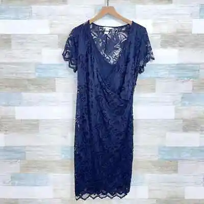 H&M MAMA Lace Wrap Sheath Dress Navy Blue Short Sleeve Womens Maternity Large • $29.99