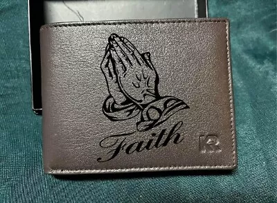 Mens Faith Praying Hands Engraved Bifold Leather Wallet • $50