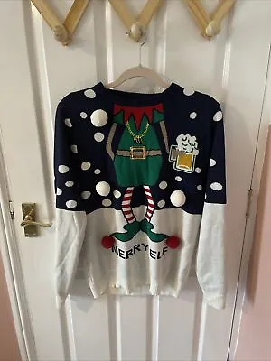 MENS CHRISTMAS Merry Elf Beer Drinking Fun Festive Jumper Size M • £12.99