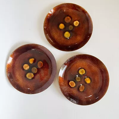 3 Vintage Bovano Copper Enamel Dishes Ashtrays - Brown & Gold Dots - Cheshire • $24