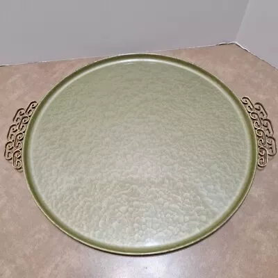 Vtg KYES Hand Made Moire Glaze Tray Brass Handles Pasadena California Green 14.5 • $49.99